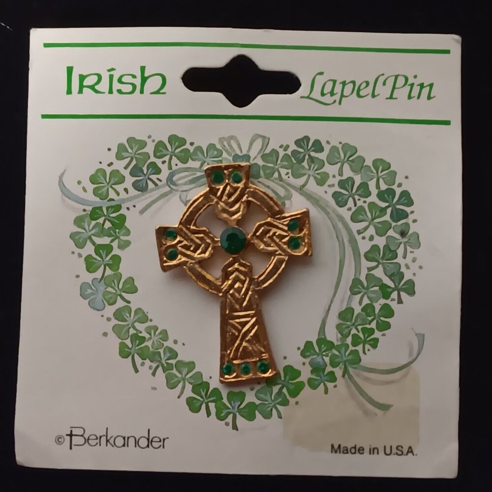 Berkander Irish Lapel Pin Catholic Celtic Cross Gold Tone Green Stone Vintage